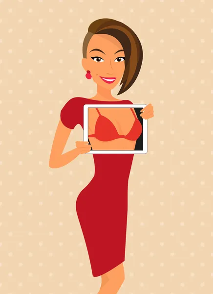 Женщина в красном платье флиртует с помощью планшета ПК — стоковый вектор