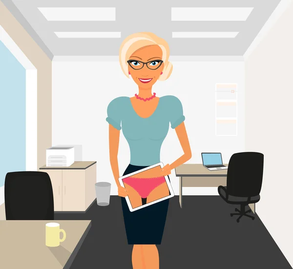 Blondine flirtet im Büro mit Tablet-PC — Stockvektor
