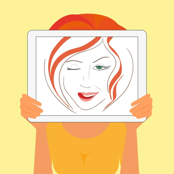 Женщина держит планшетный компьютер с изображением модного рисунка — стоковый вектор