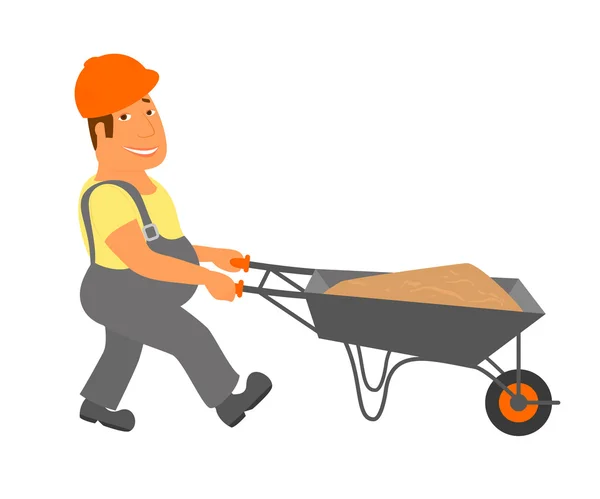 Builder with trolley is going to the project — Stock Vector