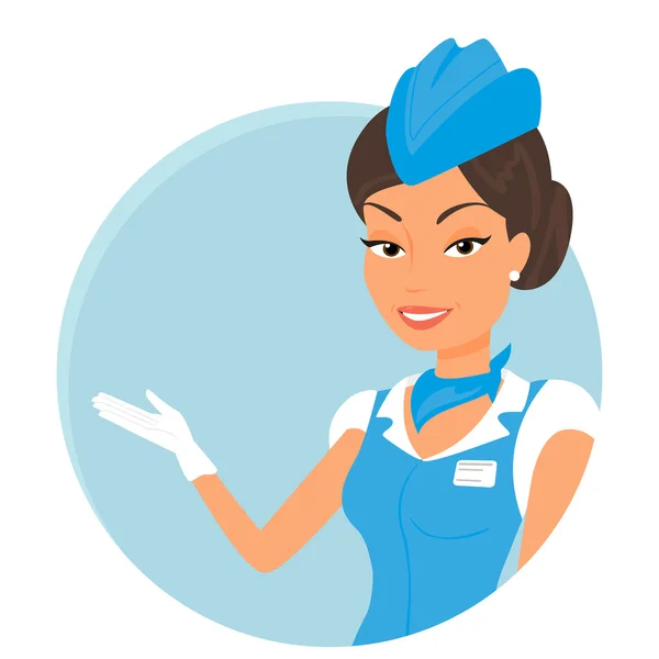 Female stewardess wearing blue suit. Round icon — Stock Vector