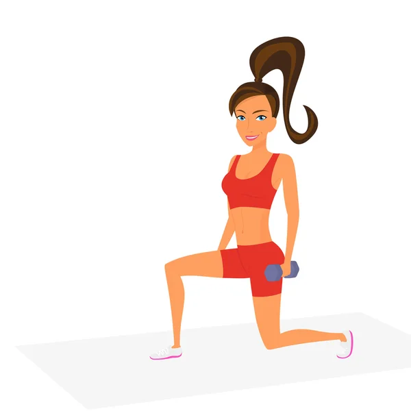 Mujer en el gimnasio está haciendo ejercicio de embestida — Vector de stock