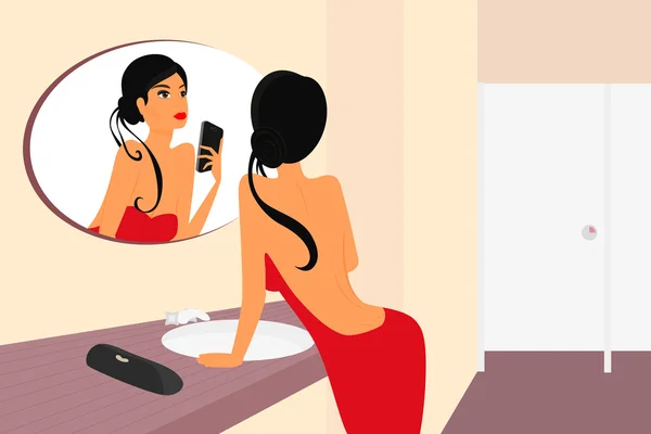 Drôle selfie de femme sensuelle brune avec miroir dans WC — Image vectorielle