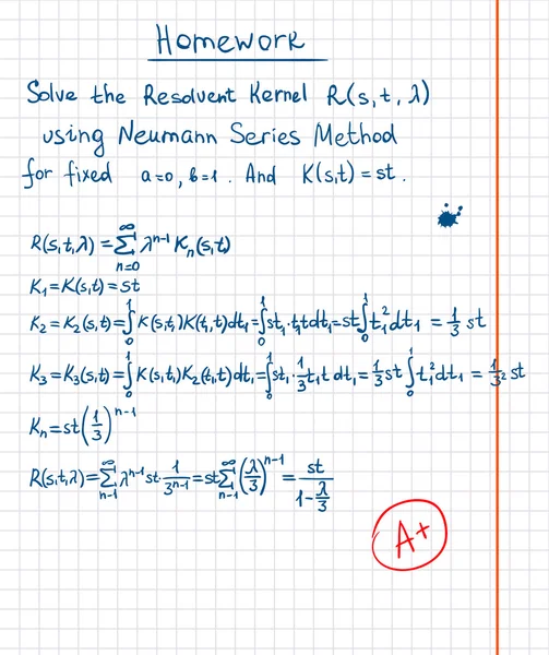 Resolvent kernel using Neumann Series method hand drawn on school paper — Stock Vector