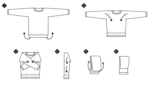 Sweatshirt 'ü nasıl katlayacağını öğret. Sıkışık elbise depolama vektörü monokrom siyah çizgi illüstrasyonu.
