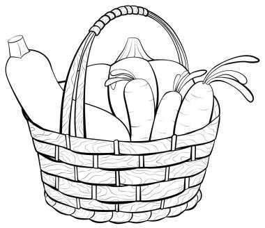 Sebzeli sepet siyah çizgi monokrom elle çizilmiş vektör çizimi beyaza izole edilmiş. Sonbahar ve hasat.