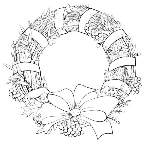 Wreath Leaves Acorn Rowan Isolated White Monochrome Black Line Hand — Stock Vector