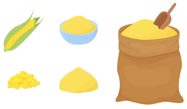 Çuvaldaki mısır sarısı un yığını ve beyaza izole edilmiş kase. Hamur için pişirme malzemeleri. Sağlıklı organik gıda.