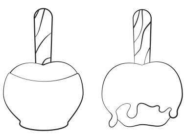 Karamelleştirilmiş elma eli çizilmiş simge beyaz arkaplanda izole edilmiş. Siyah çizgi tek renkli vektör çizimi.