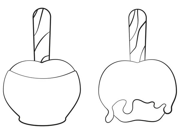 Karamelliserat Äpple Handritad Ikon Isolerad Vit Bakgrund Svart Linje Monokrom — Stock vektor