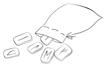 Falcılık için eski İskandinav rünleriyle dolu bir çanta. Eski okült sihirli semboller. Tek renkli siyah çizgi karalama çizimi beyaza izole edilmiş.