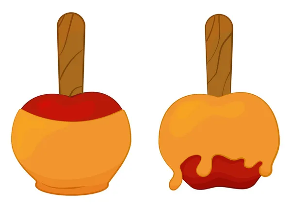 Dos Frutos Manzana Roja Caramelizada Aislados Blanco Dibujos Animados Esquema — Vector de stock