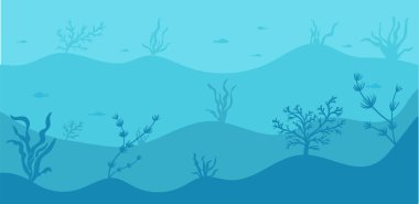 Su altı yatay arkaplan, deniz yatağı silueti, algler ve balıklar. Mavi okyanus düz çizimi, deniz yaşamı. Vektör illüstrasyonu