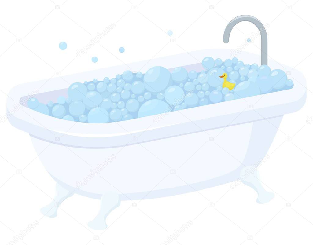 Cartoon bath isolated vector illustration. Relax bathroom with soap foam bubbles and small duck toy.