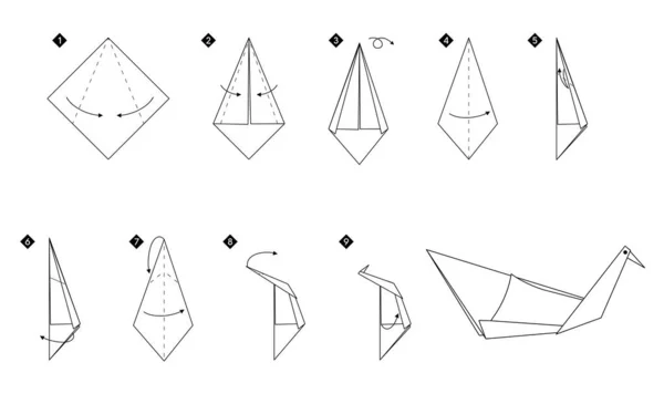 Adım Adım Nasıl Origami Kuğusu Yapılacağı Talimatı Basit Monokrom Siyah — Stok Vektör