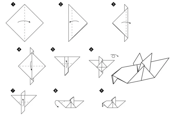 Stap Voor Stap Instructies Hoe Origami Vogel Maken Eenvoudige Monochrome — Stockvector