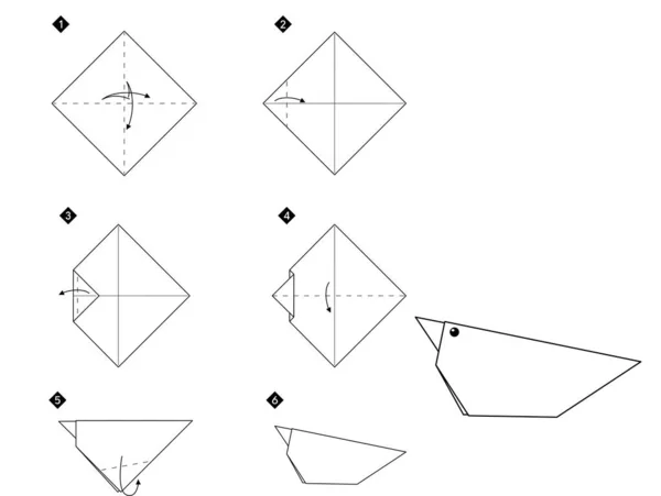 Adım Adım Origami Kuşunun Nasıl Yapılacağına Dair Talimatlar Basit Monokrom — Stok Vektör