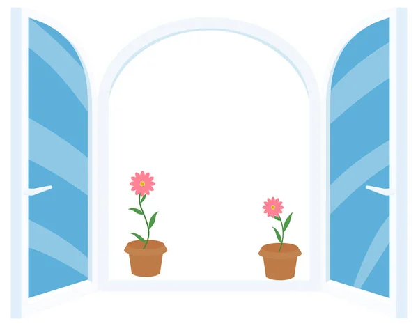 Cartoon Open Window Pink Pot Flower Vector Illustration Isolated White — Stock Vector