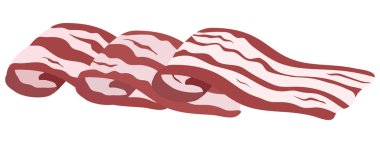 Sarılmış pastırma, düz vektör çizimi. Kahvaltı malzemesi beyaza izole edilmiş. Taze domuz eti, sağlıksız yemek. Kasaplık, doğal et dükkanı çeşitleri.