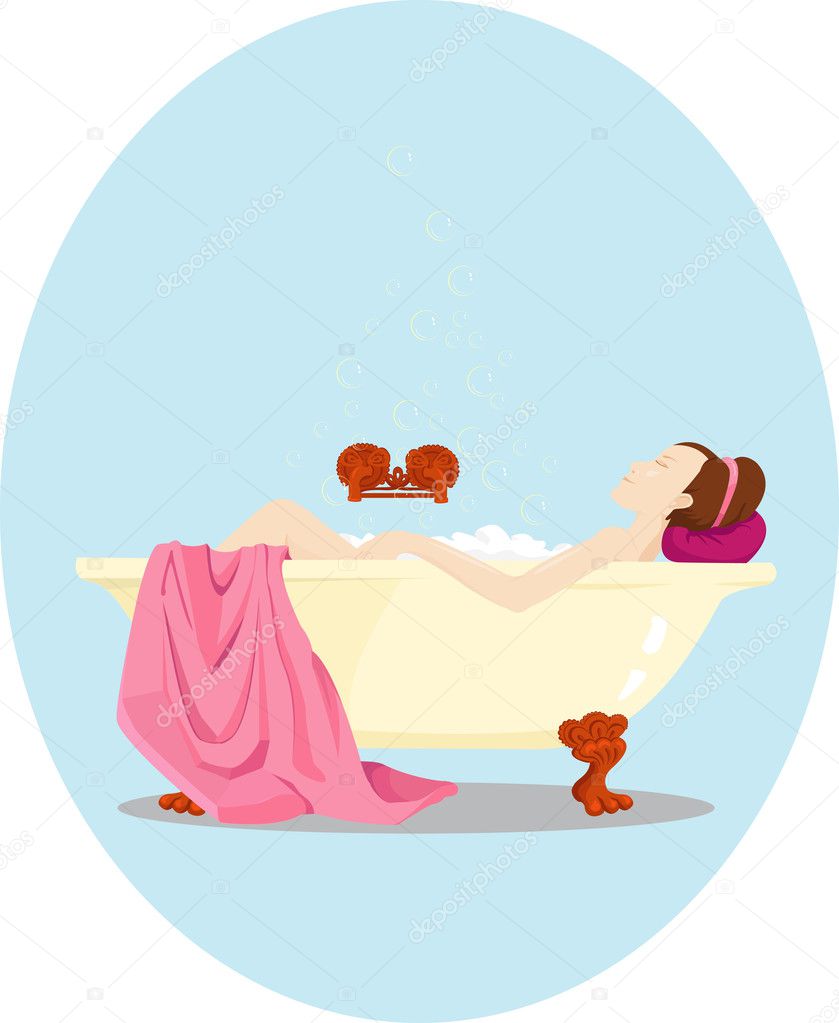 Young woman has a bath. Retro style illustration.