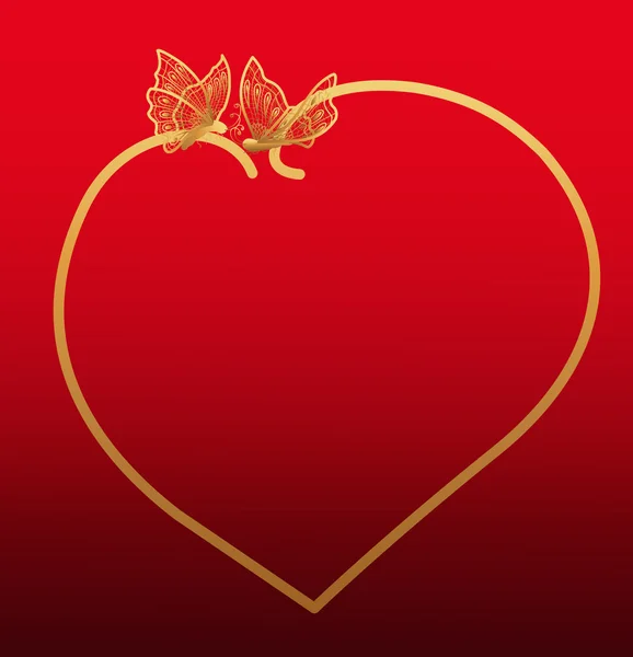 Marco dorado en forma de corazón con mariposa — Vector de stock