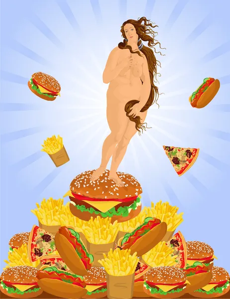 şişman kadın ve bir yığın fast food