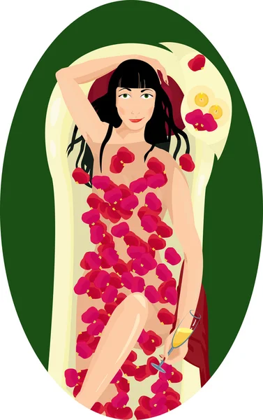 Woman takes a bath with rose petals and drinks champagne — Stock Vector