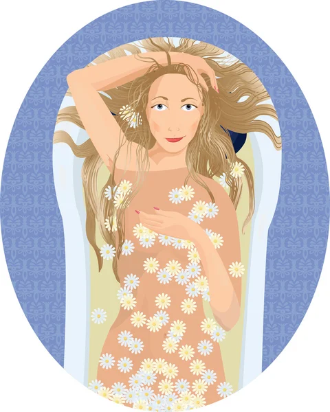 Blonde woman taking a bath with flowers — Stock Vector