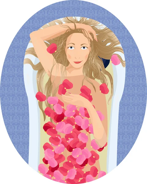 Блондинка приймає ванну з пелюстками троянд — стоковий вектор