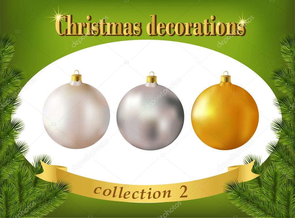 Christmas decorations. Collection of white, silver and golden gl