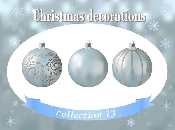 Decoraciones navideñas. Colección de bolas de vidrio azul claro con — Archivo Imágenes Vectoriales