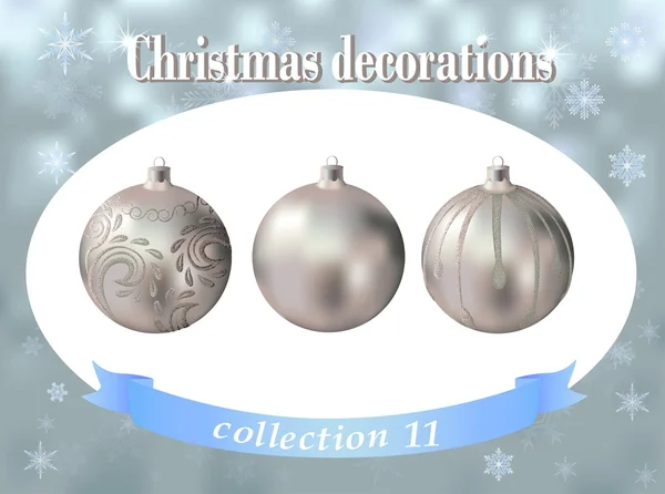 Decoraciones navideñas. Colección de bolas de cristal de plata decoradas — Archivo Imágenes Vectoriales