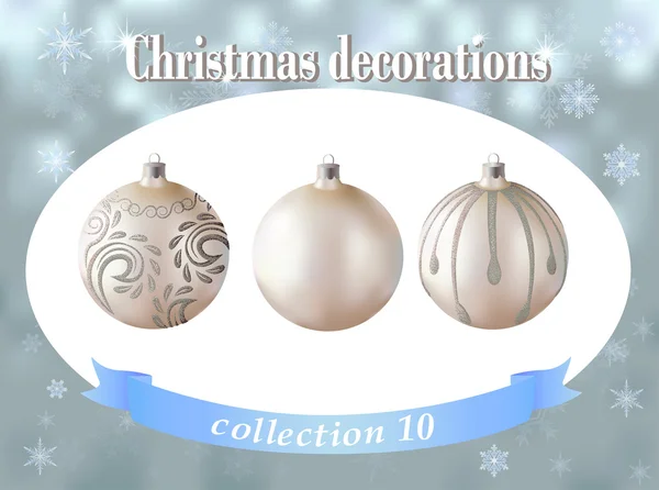 Decoraciones navideñas. Colección de bolas de vidrio blanco con silv — Archivo Imágenes Vectoriales