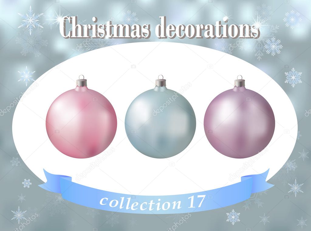 Christmas decorations. Collection of light blue, pink and lilac 