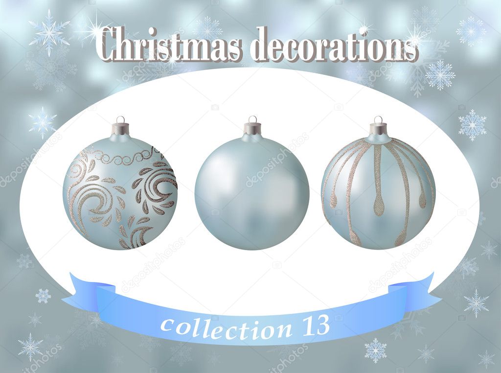 Christmas decorations. Collection of light blue glass balls with