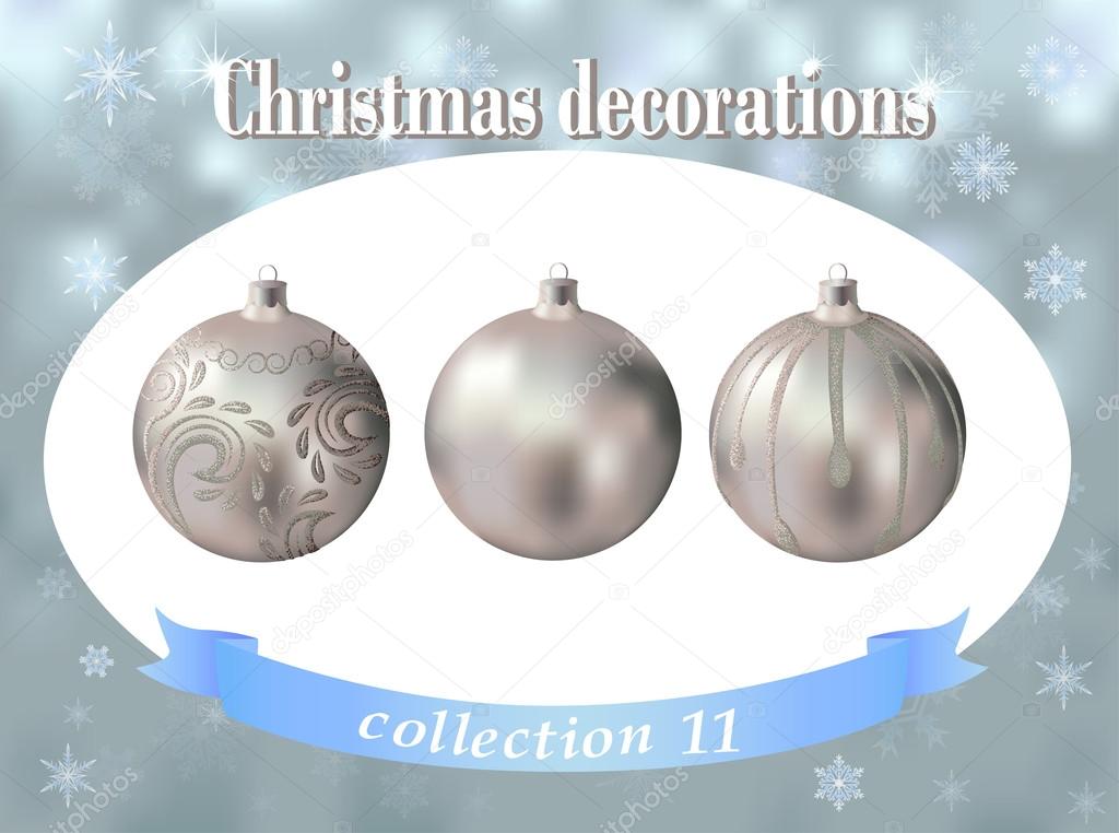 Christmas decorations. Collection of silver glass ballsdecorated