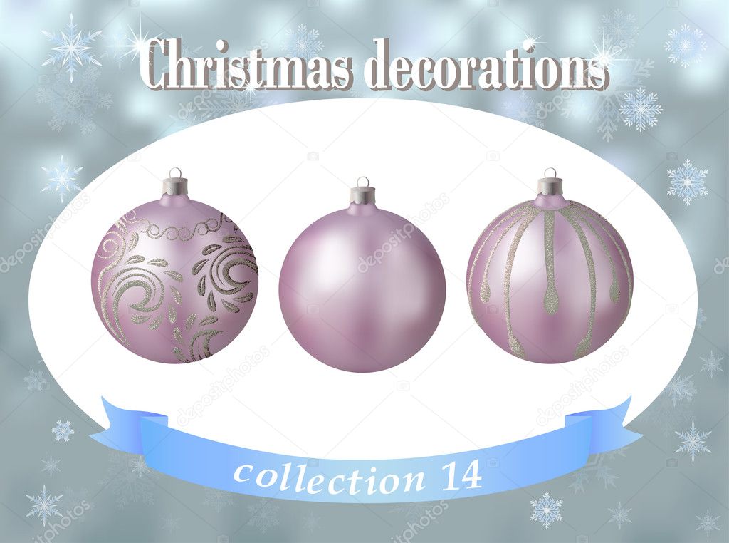 Christmas decorations. Collection of light lilac glass balls wit