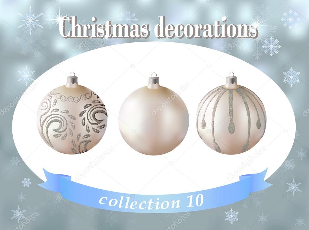 Christmas decorations. Collection of white glass balls with silv