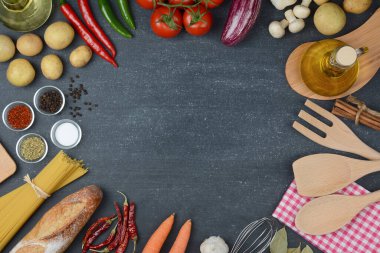 Yemek ve yemek konsepti. Organik İçindekiler üst görünüm ve boşluk kopyala.