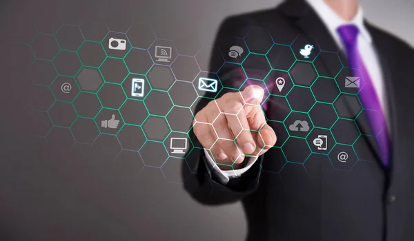 Business Man Touch Screen Concept Hexagonal Technology — Stockfoto