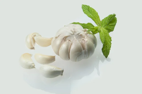 Garlic and mint on white background — Stok fotoğraf