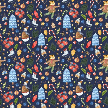 Suluboya el boyası Noel illüstrasyonuyla kusursuz desen. Sevimli karakterler ve unsurlar: kostümler, hediyeler, kar taneleri, Noel ağacı, lolipoplar, yılbaşı ağacı oyuncakları ve semboller.