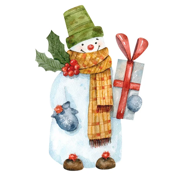 Aquarel Sneeuwpop Met Winter Elementen Warme Hoed Sjaal Hulst Wanten — Stockfoto