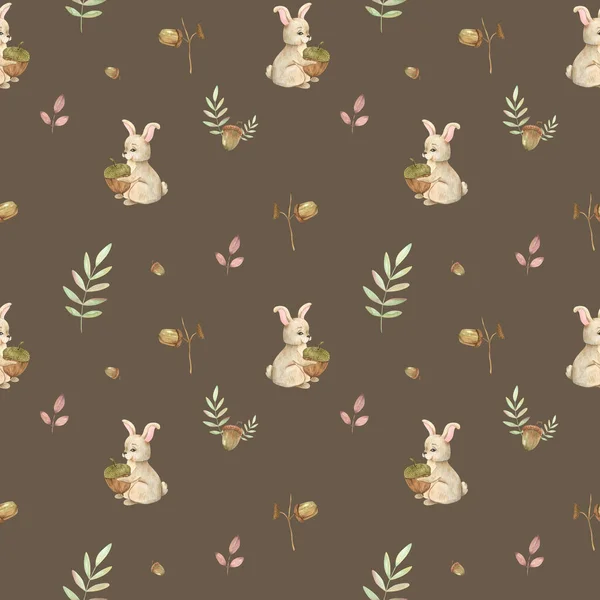 Бесшовный Узор Акварелью Леса Милые Кролики Желуди Различные Ветки Листьями — стоковое фото