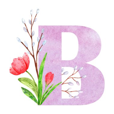 B harfinden gelen suluboya kompozisyonu. Metinlerin tasarımı ve dekorasyonu için çiçek unsurları laleler ve dallar. Tebrikler, hatıra defteri, davetiyeler.