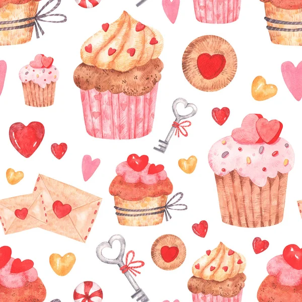 Naadloos Patroon Met Aquarelelementen Het Thema Van Liefde Valentijnsdag Taarten — Stockfoto