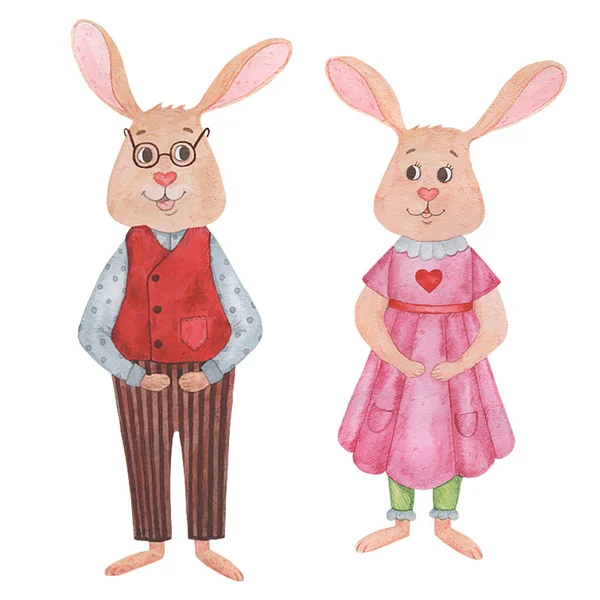 Ein Paar Aquarell Kaninchen Zur Dekoration Ein Kaninchen Anzug Und — Stockfoto
