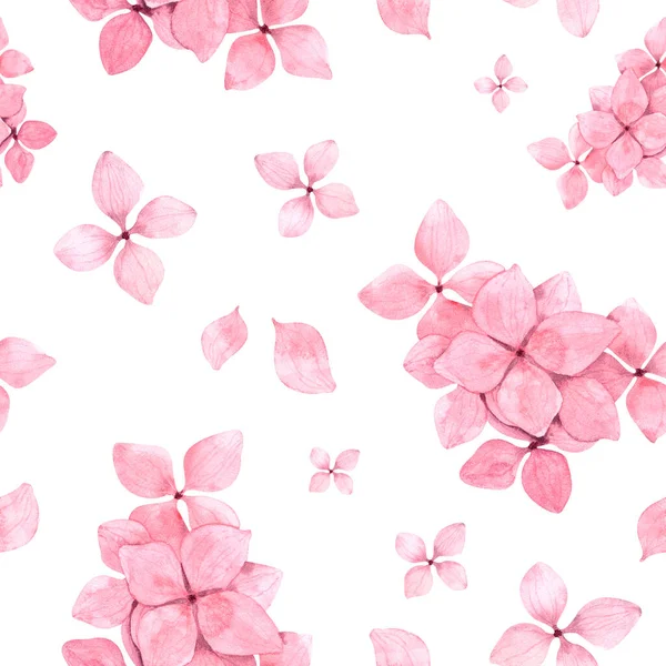 Varrat Nélküli Akvarell Minta Finom Rózsaszín Hortenzia Ágak Egyedi Virágok — Stock Fotó