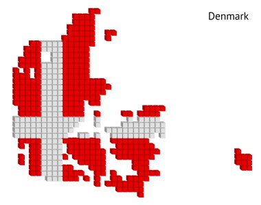 Danimarka 'nın bayrak renklerinde coğrafi haritası olarak küçük küplerle noktalı harita vektör çizimi