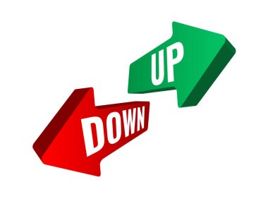 Basit renkli vektör düz dizayn okları, aşağı ve yukarı beyaz renkli metin başlıklarıyla şekillendirir